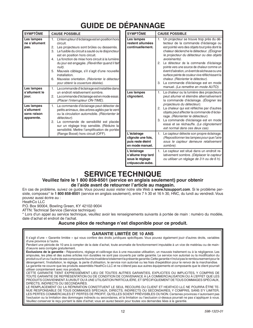 Heath Zenith 5310 manual Guide DE Dépannage, Service Technique, Garantie Limitée DE 10 ANS 