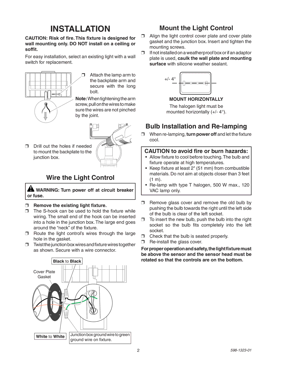 Heath Zenith 5310 manual Wire the Light Control, Mount the Light Control, Bulb Installation and Re-lamping 