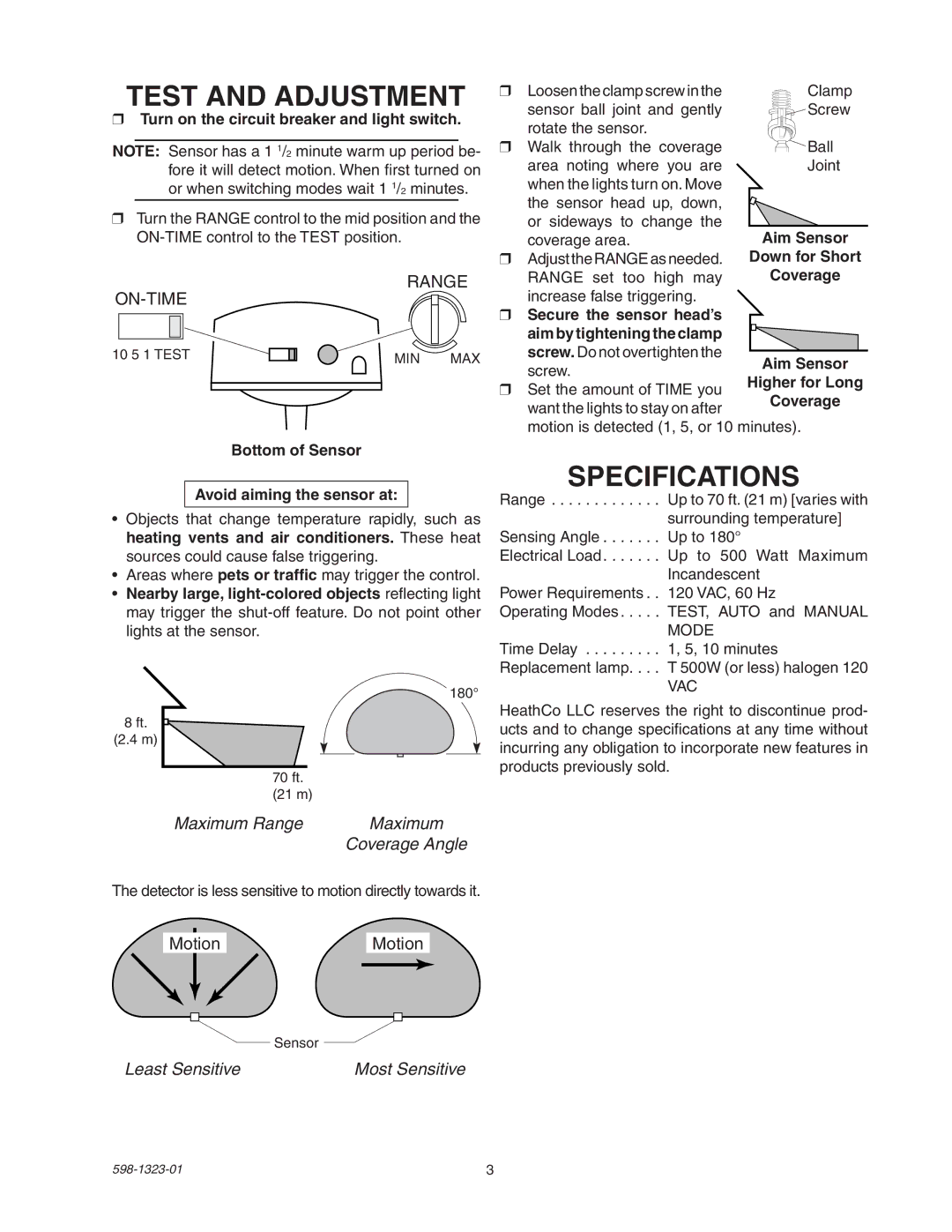 Heath Zenith 5310 manual Test and Adjustment, Specifications, Maximum Range, Least Sensitive 