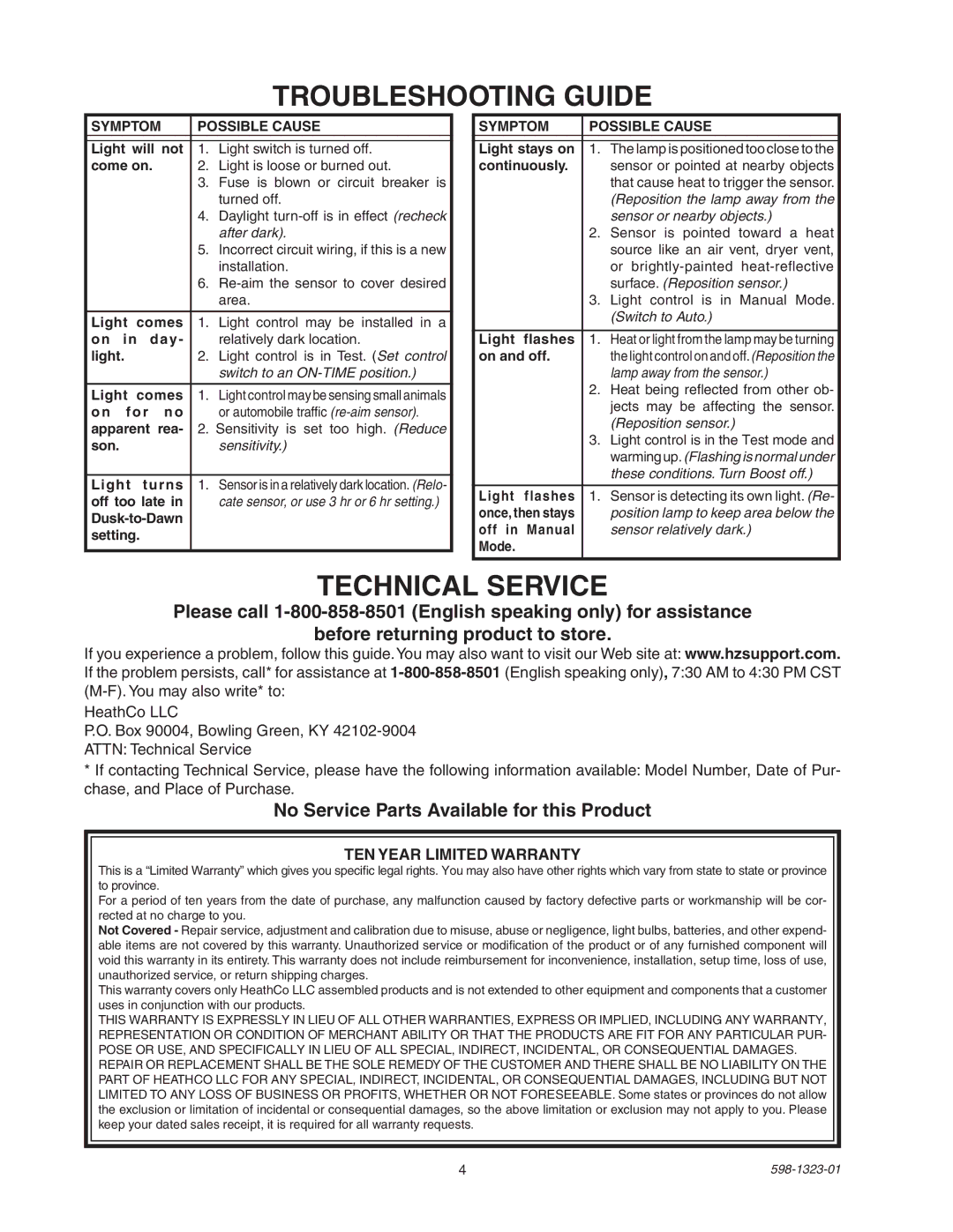 Heath Zenith 5310 manual Troubleshooting Guide, No Service Parts Available for this Product, TEN Year Limited Warranty 