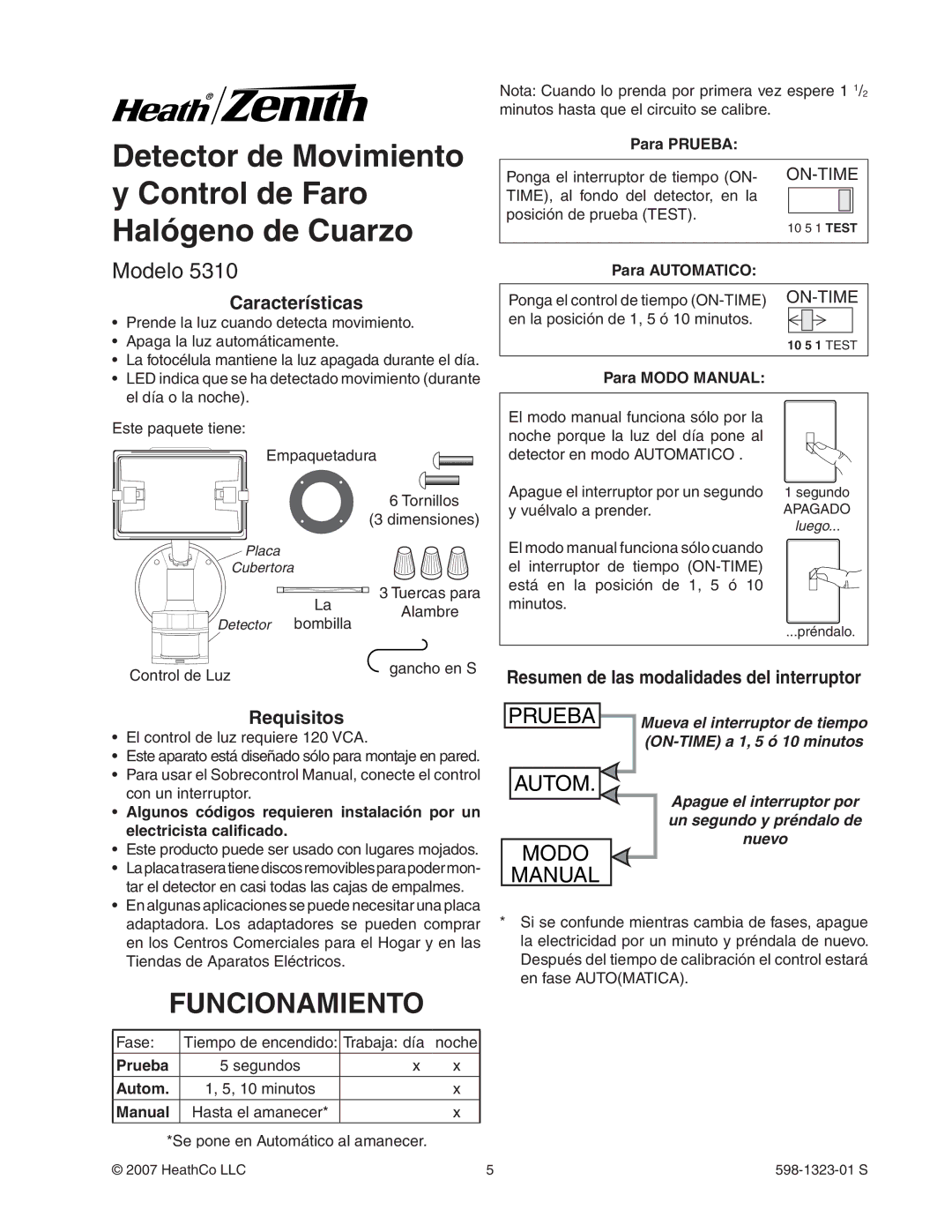 Heath Zenith 5310 manual Funcionamiento, Modelo, Características, Requisitos, Resumen de las modalidades del interruptor 