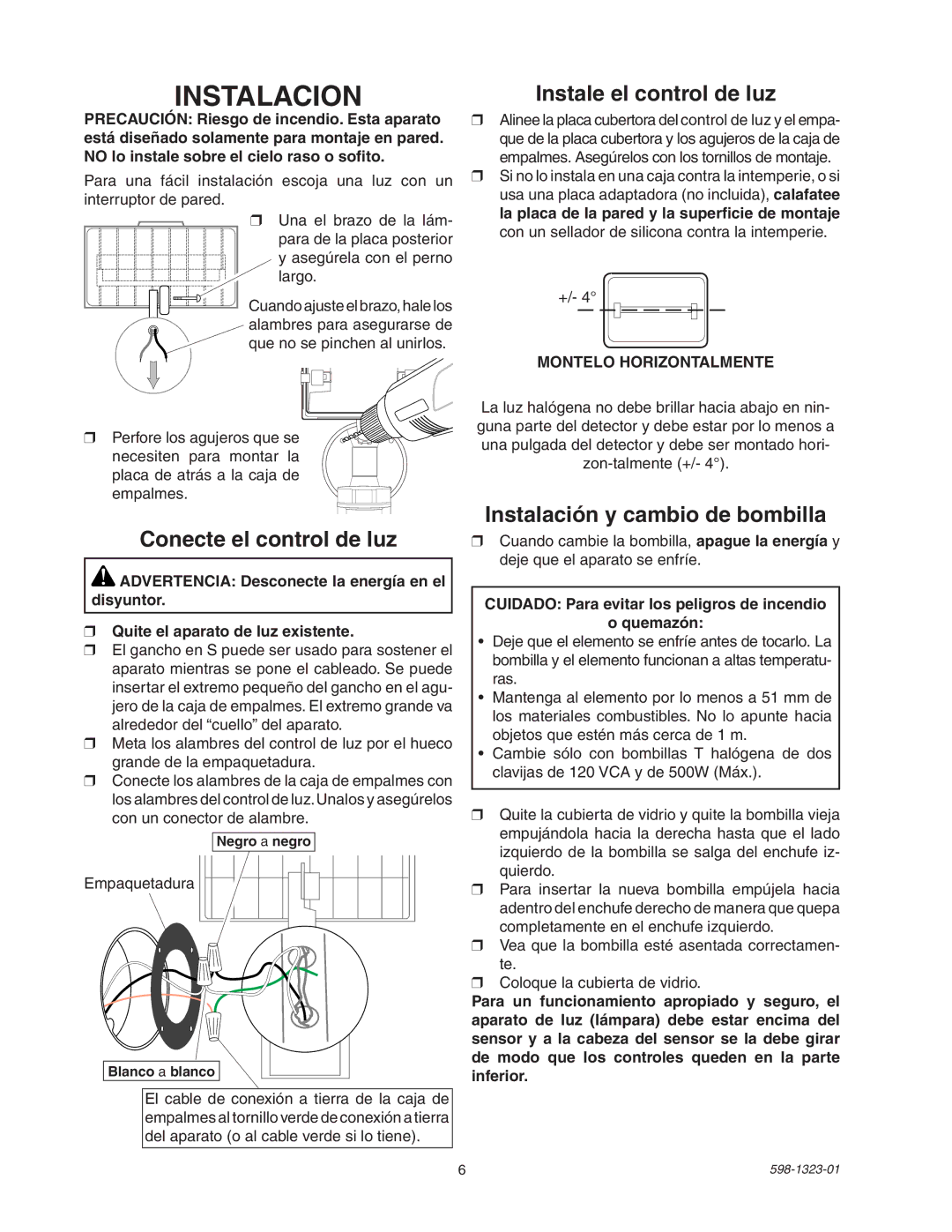 Heath Zenith 5310 Instalacion, Conecte el control de luz, Instale el control de luz, Instalación y cambio de bombilla 