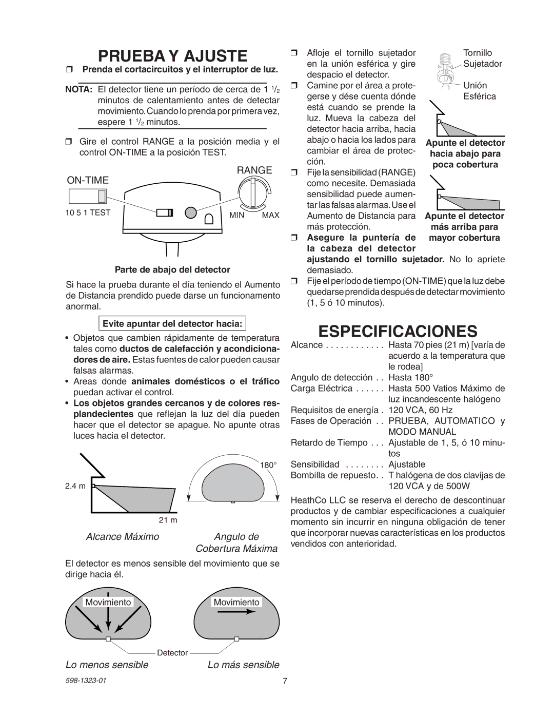 Heath Zenith 5310 manual Prueba Y Ajuste, Especificaciones, Angulo de, Cobertura Máxima, Lo menos sensible 