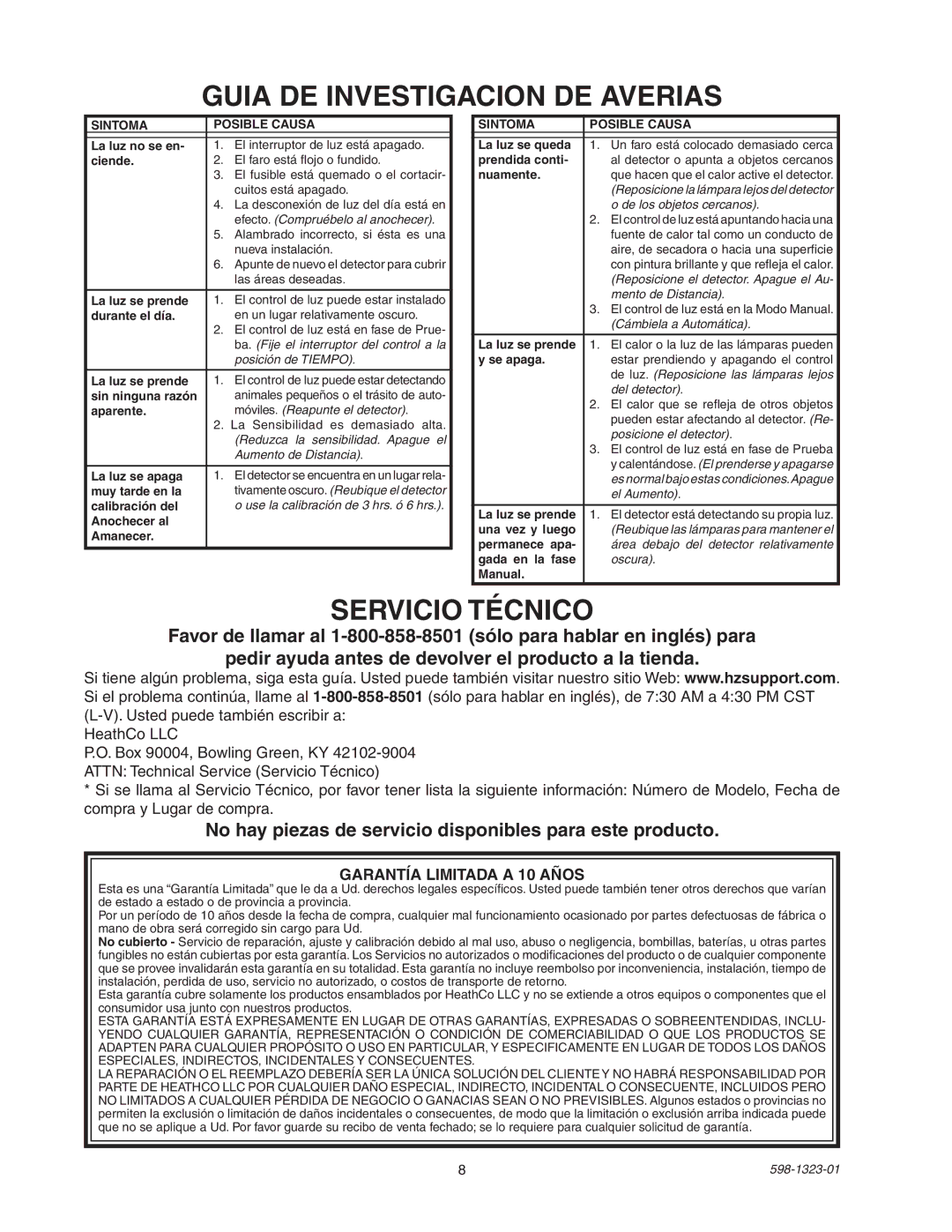 Heath Zenith 5310 manual Guia DE Investigacion DE Averias, Servicio Técnico, Garantía Limitada a 10 Años 