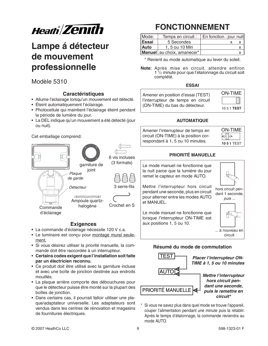 Heath Zenith 5310 manual Fonctionnement, Modèle, Caractéristiques, Exigences 