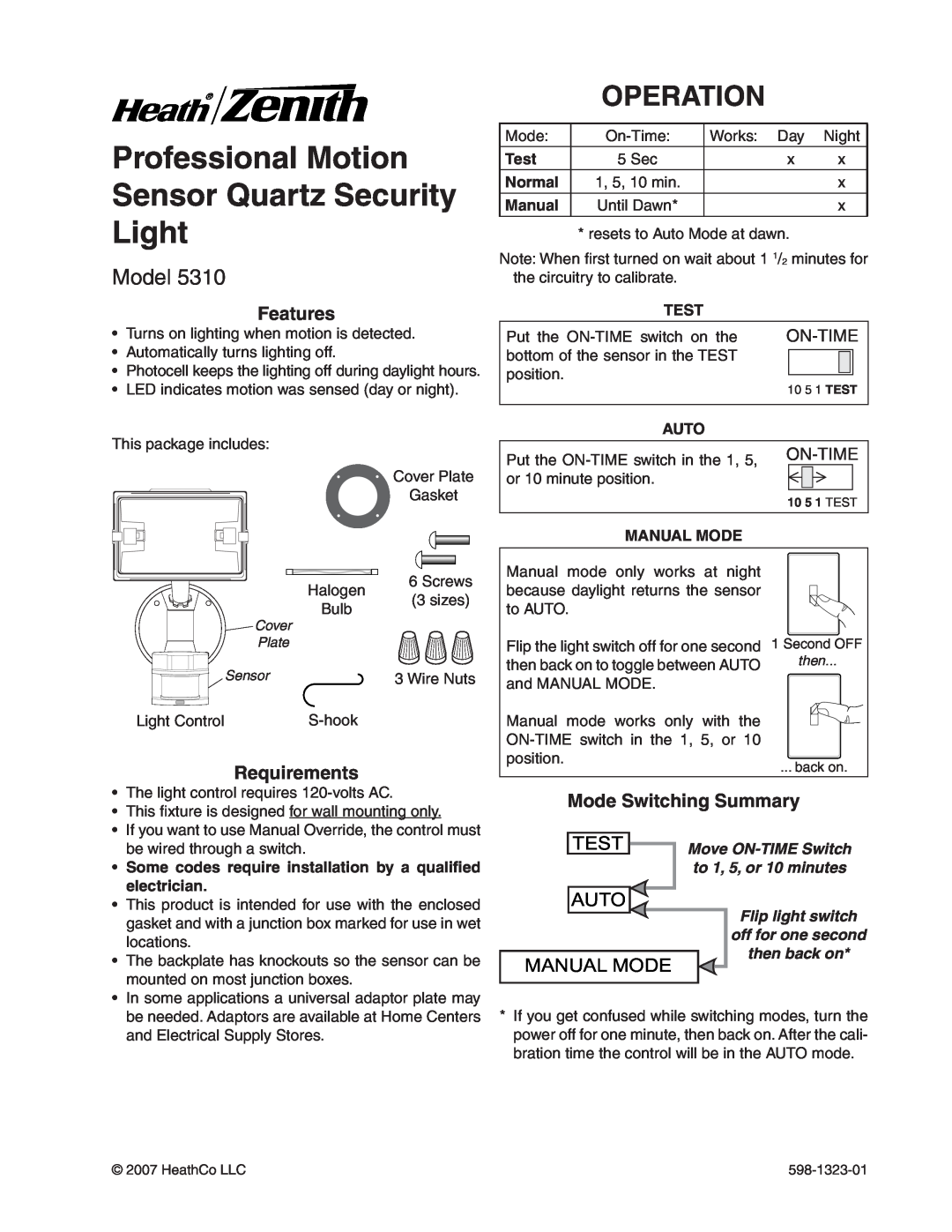 Heath Zenith 5310 manual Operation, Model, Professional Motion Sensor Quartz Security Light, Auto, Manual Mode, On-Time 