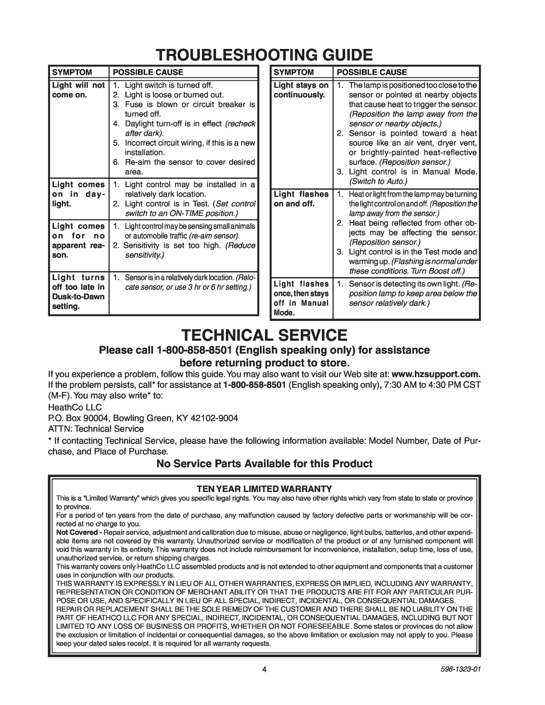 Heath Zenith 5310 Troubleshooting Guide, Technical Service, before returning product to store, Ten Year Limited Warranty 