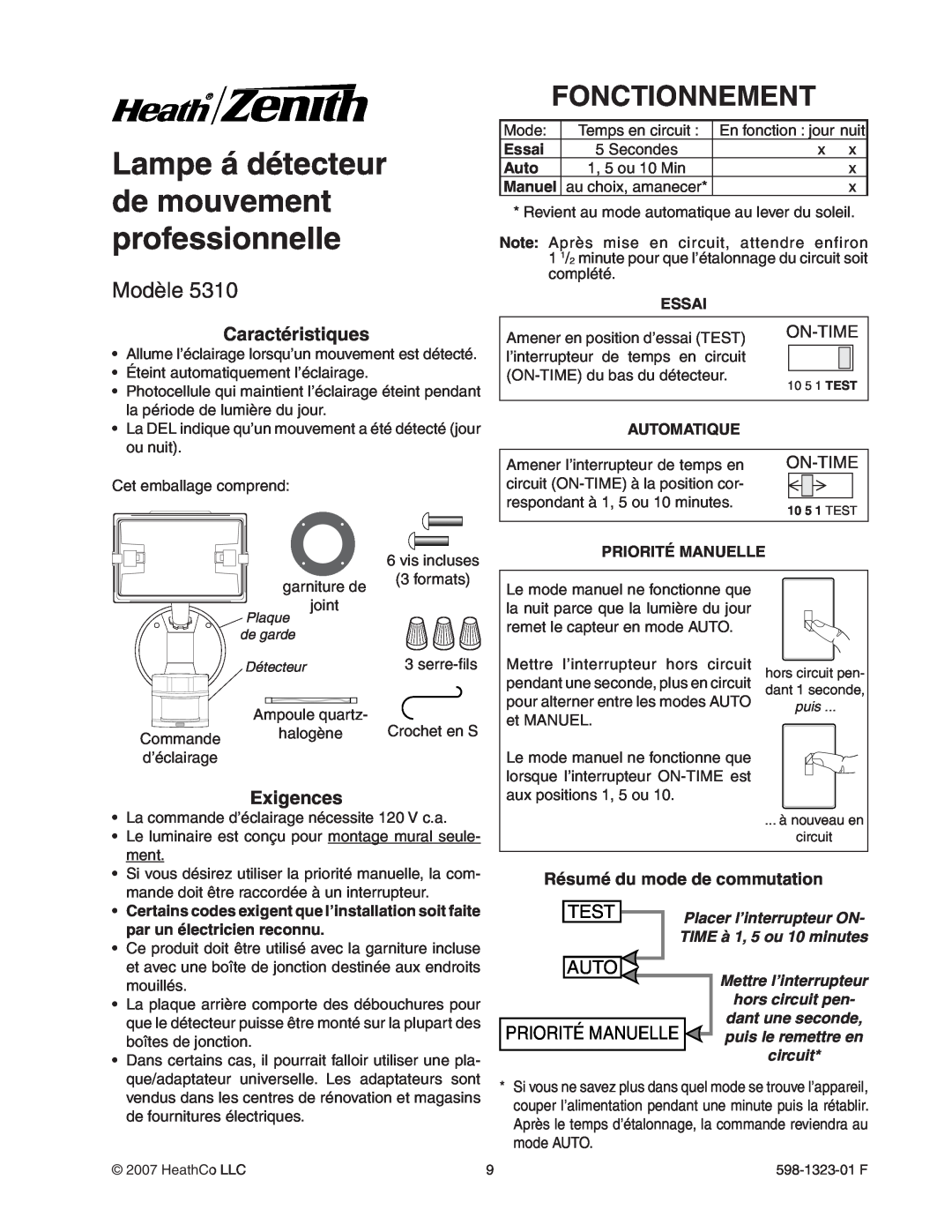 Heath Zenith 5310 manual Lampe á détecteur de mouvement professionnelle, Fonctionnement, Modèle, Test, Auto, On-Time, Essai 