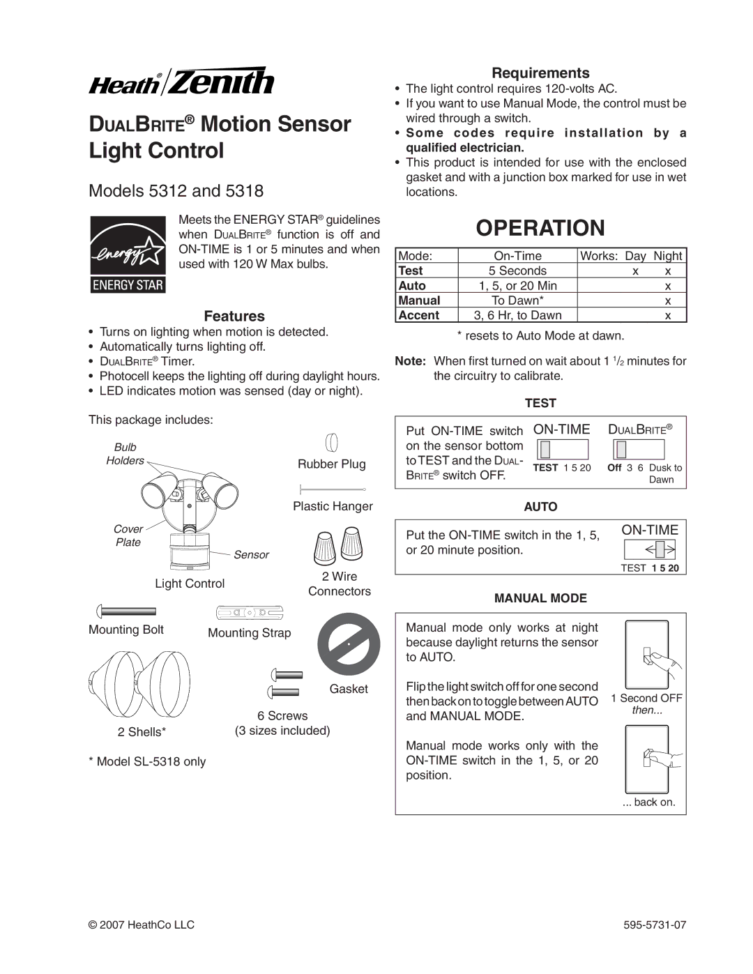 Heath Zenith 5318 manual DualBrite Motion Sensor Light Control, Operation, Features, Requirements 