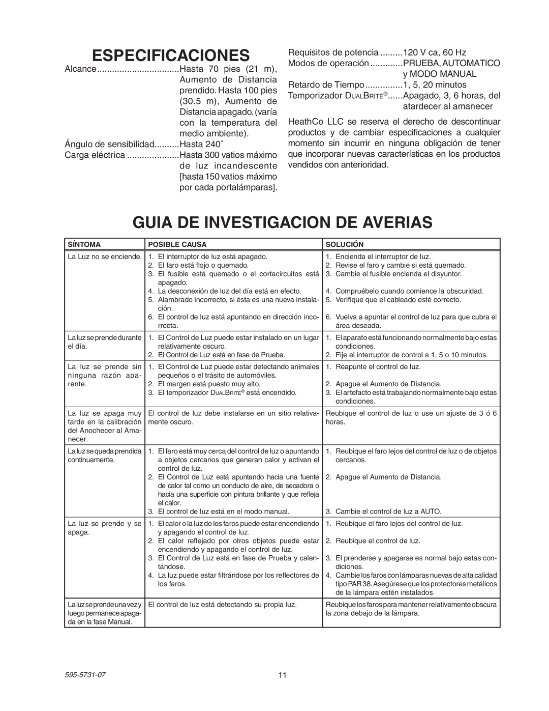 Heath Zenith 5318 manual Especificaciones, Guia DE Investigacion DE Averias 