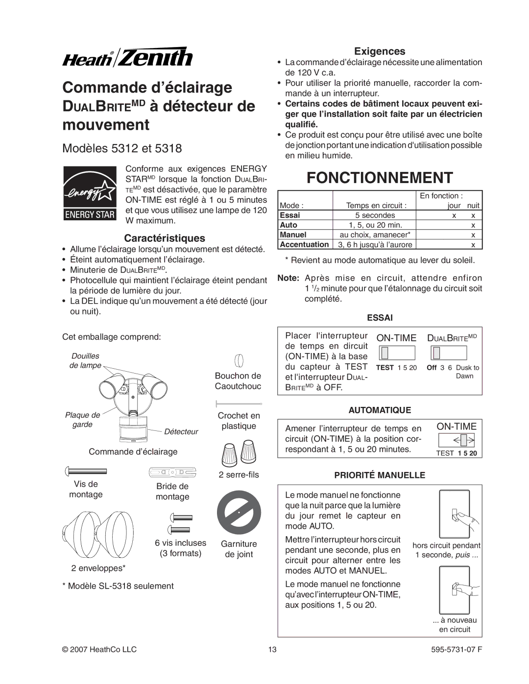 Heath Zenith 5318 Commande d’éclairage DualBriteMD à détecteur de mouvement, Fonctionnement, Caractéristiques, Exigences 