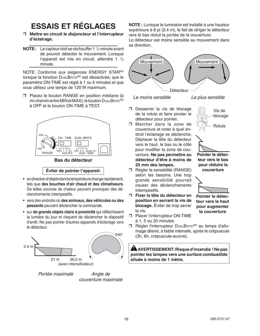 Heath Zenith 5318 manual Essais ET Réglages, Bas du détecteur, Éviter de pointer l’appareil 