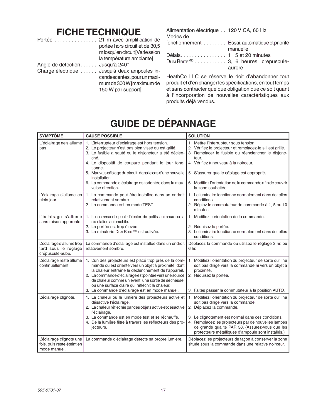 Heath Zenith 5318 manual Fiche Technique, Guide DE Dépannage 