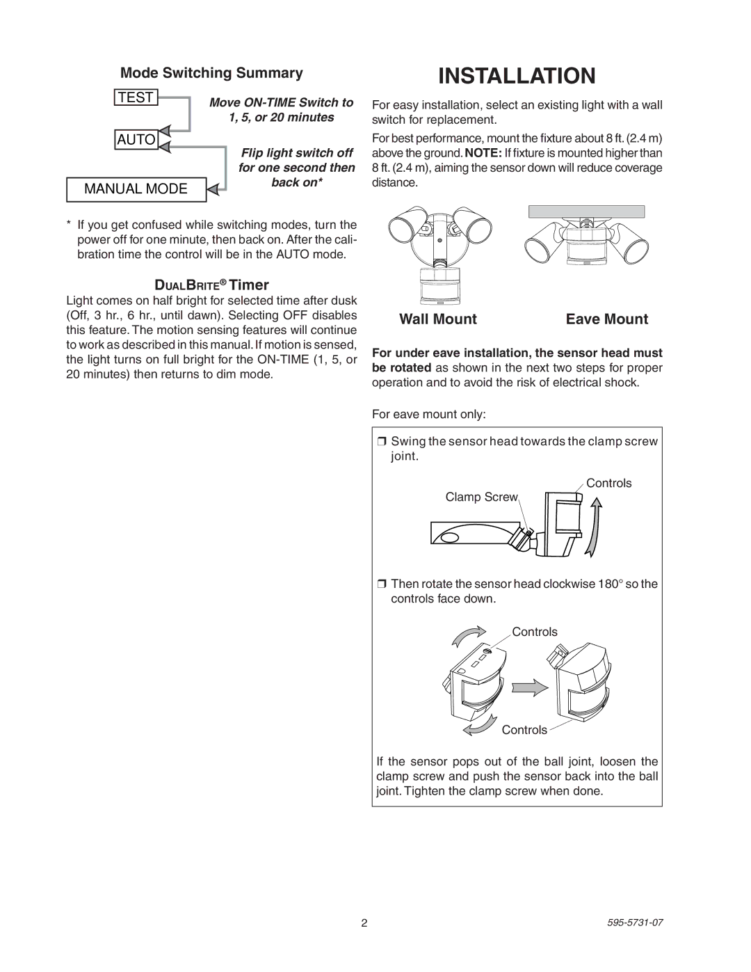 Heath Zenith 5318 manual Installation, Mode Switching Summary, DualBrite Timer, Wall Mount, Eave Mount 
