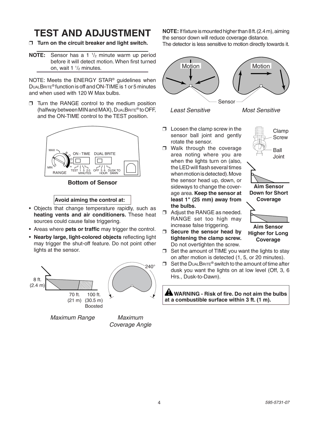 Heath Zenith 5318 manual Test and Adjustment, Bottom of Sensor, Turn on the circuit breaker and light switch 