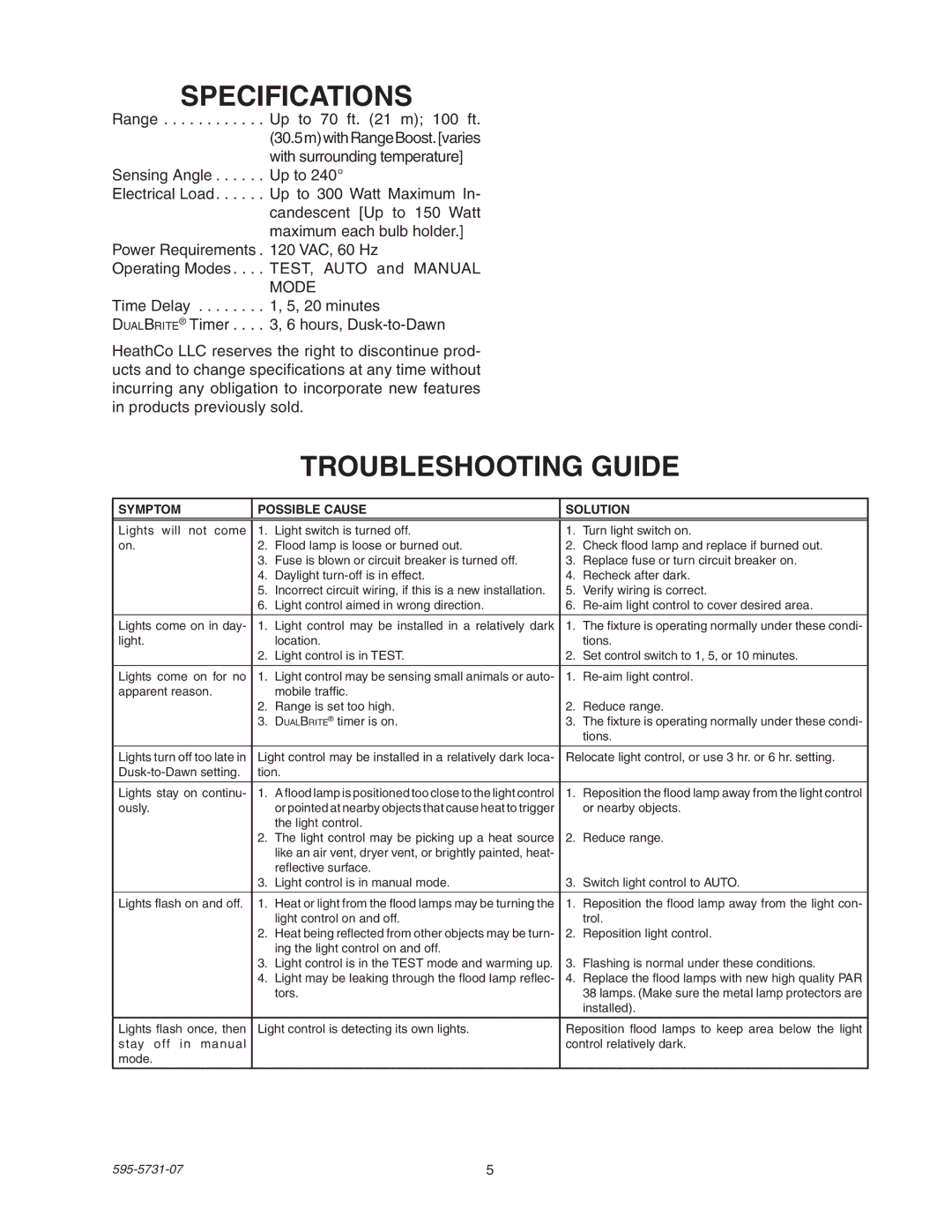 Heath Zenith 5318 manual Specifications, Troubleshooting Guide 