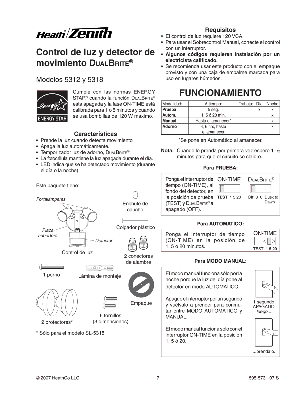 Heath Zenith 5318 manual Control de luz y detector de movimiento DualBrite, Funcionamiento, Características, Requisitos 