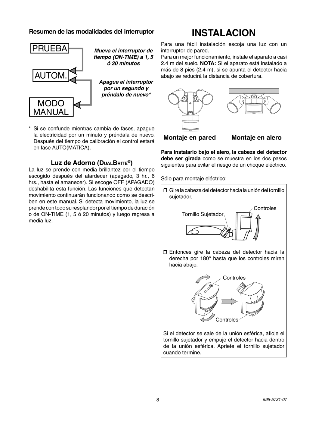 Heath Zenith 5318 manual Instalacion, Resumen de las modalidades del interruptor, Luz de Adorno DualBrite 