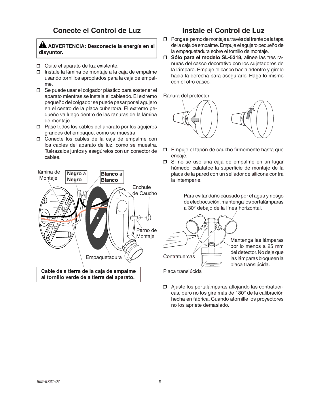 Heath Zenith 5318 manual Advertencia Desconecte la energía en el disyuntor, Lámina de Negro a Blanco a Montaje 