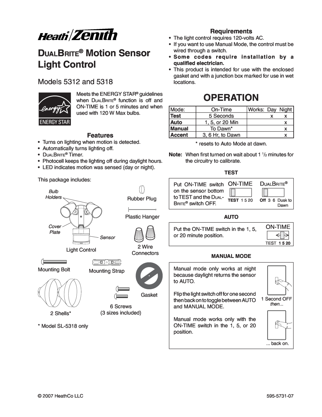 Heath Zenith 5318 manual DualBrite Motion Sensor Light Control, Operation, Models 5312 and, Features, Requirements, Wire 