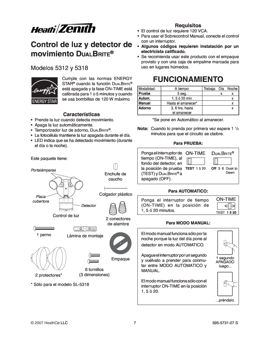 Heath Zenith 5318 manual Control de luz y detector de movimiento DualBrite, Funcionamiento, Modelos 5312 y, Características 