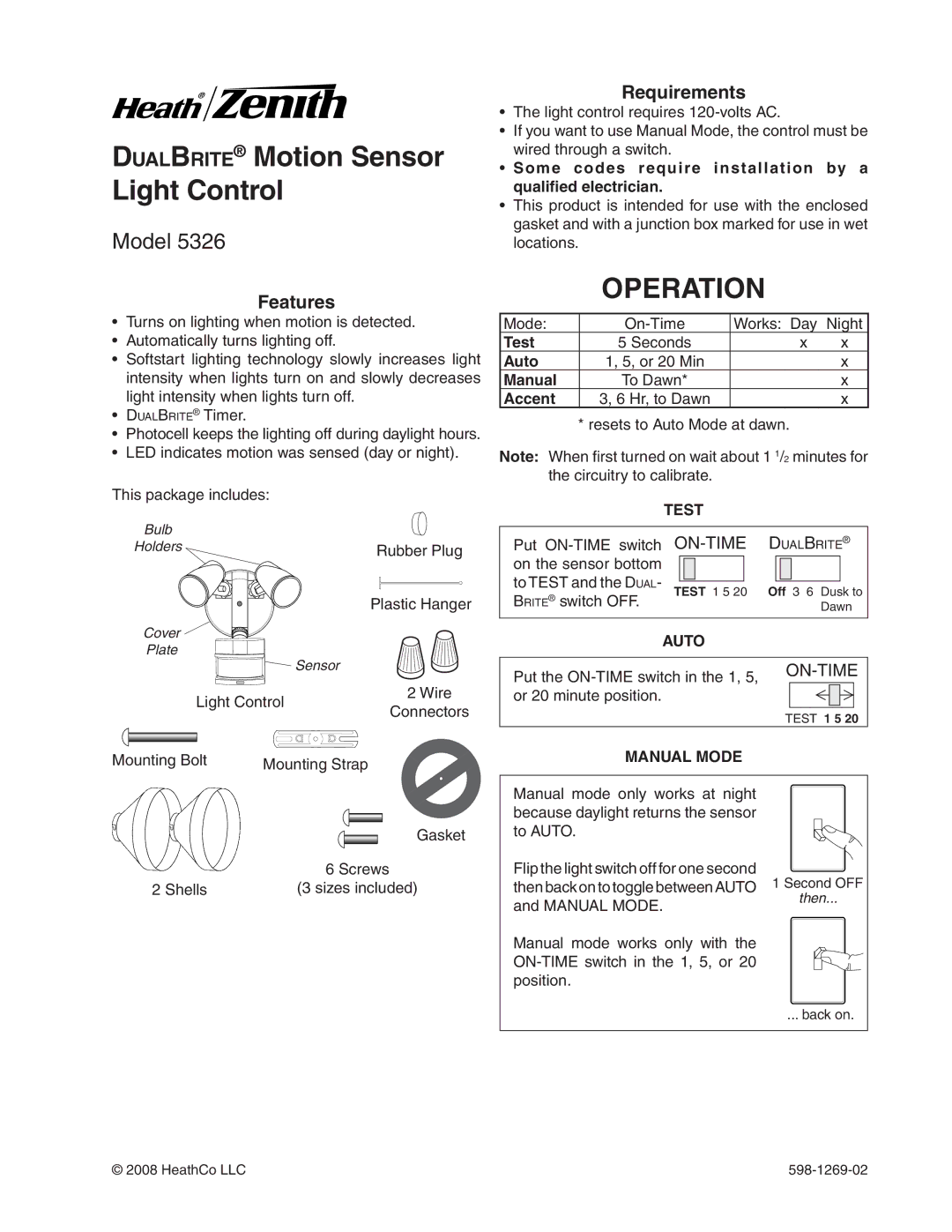 Heath Zenith 5326 manual DualBrite Motion Sensor Light Control, Operation, Features, Requirements 