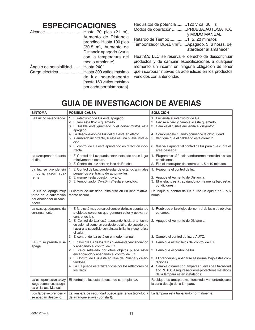 Heath Zenith 5326 manual Especificaciones, Guia DE Investigacion DE Averias 