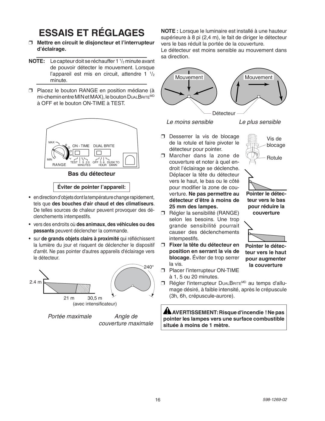 Heath Zenith 5326 manual Essais ET Réglages, Bas du détecteur, Éviter de pointer l’appareil 