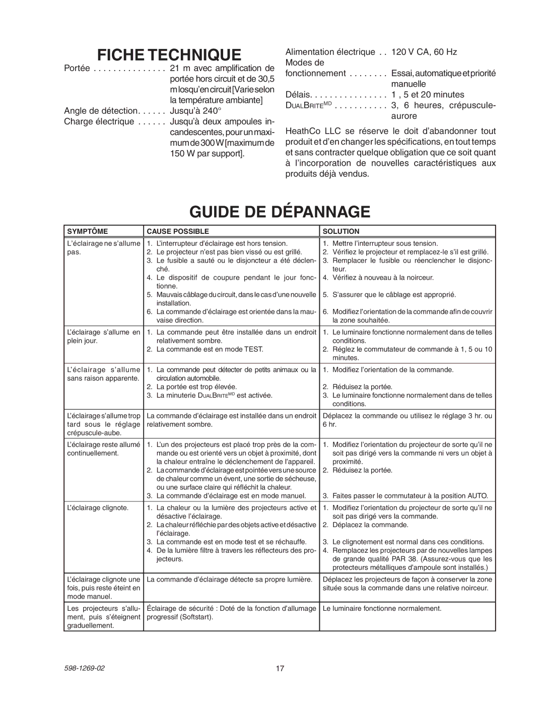 Heath Zenith 5326 manual Fiche Technique, Guide DE Dépannage 