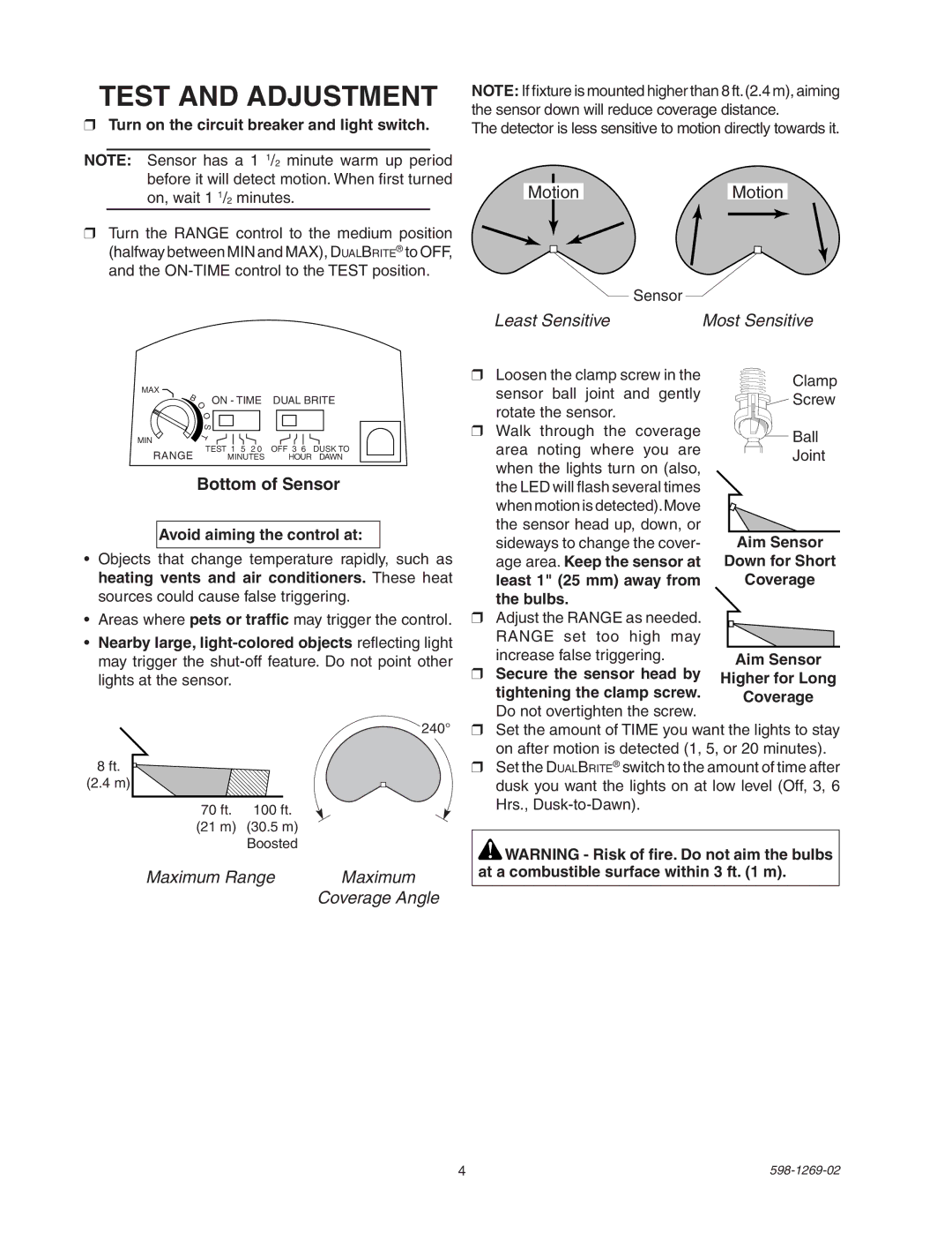 Heath Zenith 5326 manual Test and Adjustment, Bottom of Sensor, Turn on the circuit breaker and light switch 