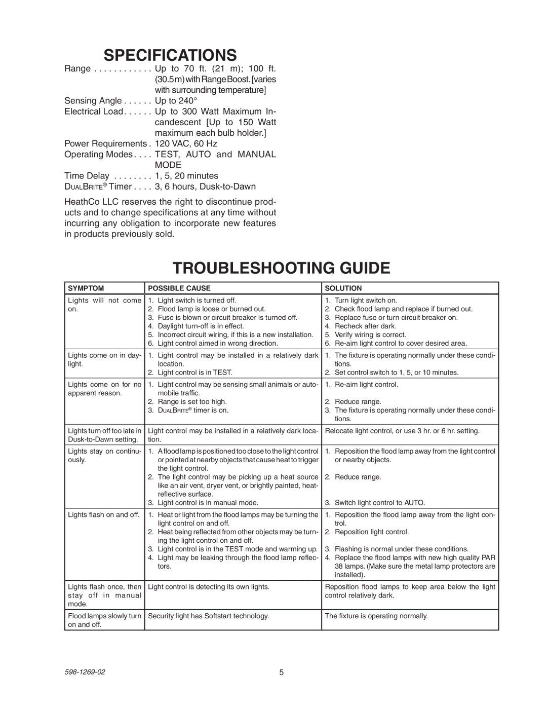 Heath Zenith 5326 manual Specifications, Troubleshooting Guide 