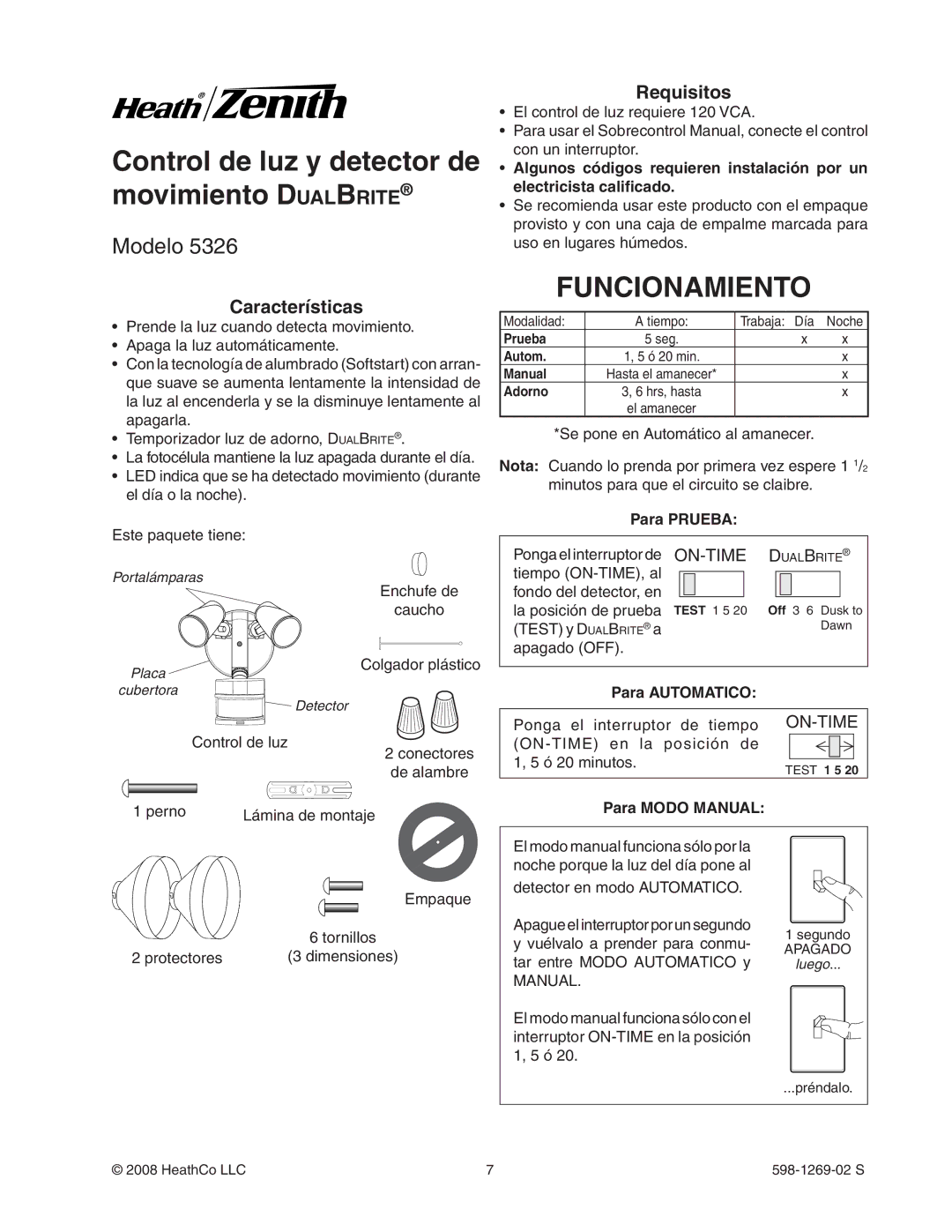 Heath Zenith 5326 manual Control de luz y detector de movimiento DualBrite, Funcionamiento, Requisitos, Características 