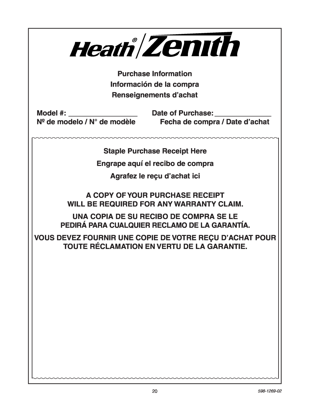 Heath Zenith 5326 manual Purchase Information Información de la compra 