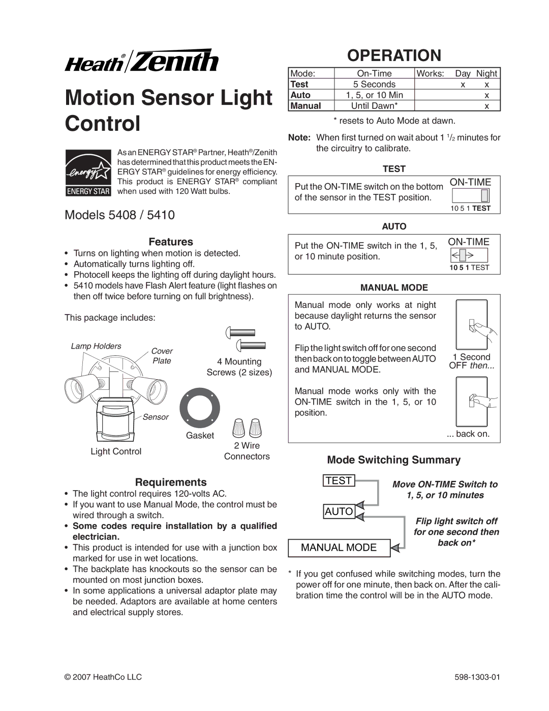 Heath Zenith 5408 / 5410 manual Operation, Features, Requirements 