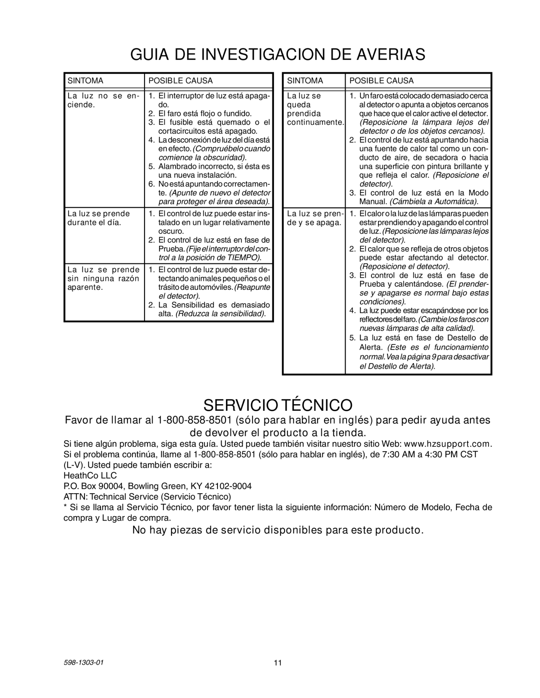 Heath Zenith 5408 / 5410 manual Guia DE Investigacion DE Averias, Servicio Técnico 