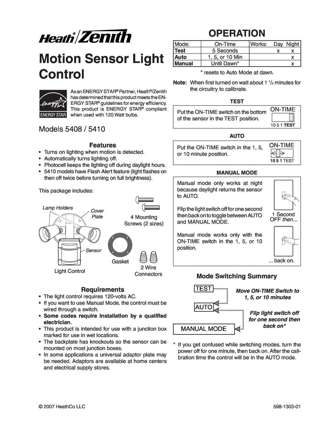 Heath Zenith 5408 / 5410 manual Motion Sensor Light Control, Operation, Models, Mode Switching Summary, On-Time, Test 