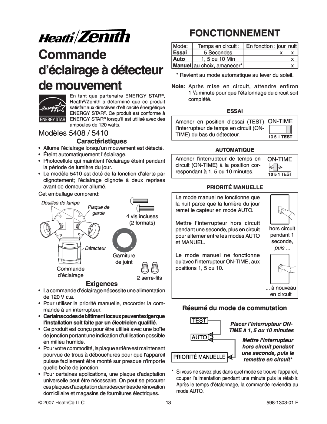 Heath Zenith 5408 / 5410 manual Commande d’éclairage à détecteur de mouvement, Fonctionnement, Modèles, Test, Auto 