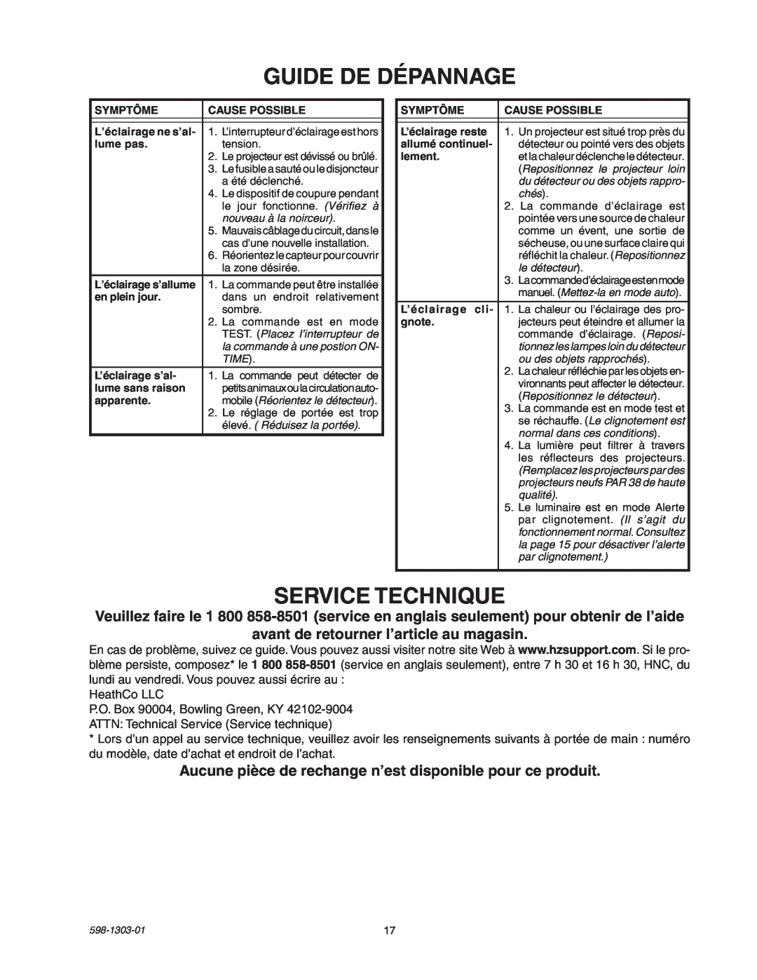 Heath Zenith 5408 / 5410 manual Guide De Dépannage, Service Technique 