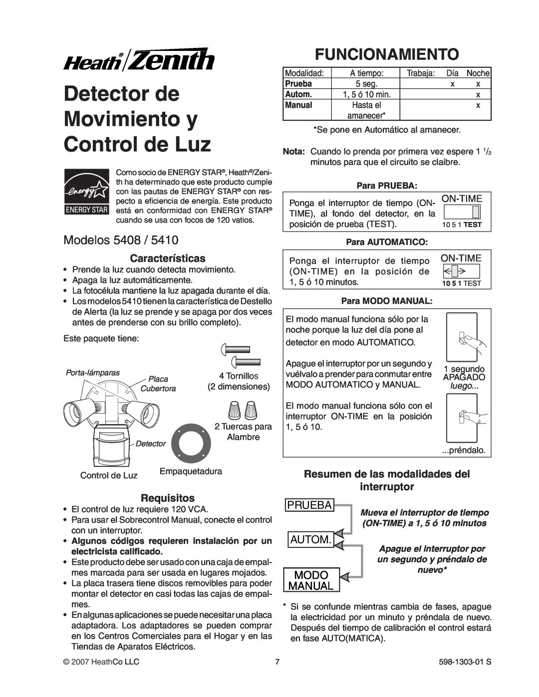 Heath Zenith 5408 / 5410 Detector de Movimiento y Control de Luz, Funcionamiento, Modelos, Prueba, Autom, Modo, Manual 