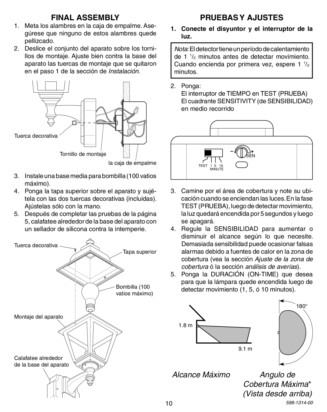 Heath Zenith 5598 owner manual Pruebas Y Ajustes, Conecte el disyuntor y el interruptor de la luz 