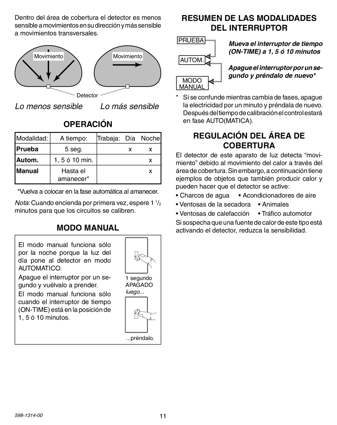 Heath Zenith 5598 Resumen de las modalidades Del interruptor, Operación, Modo Manual, Regulación DEL Área DE Cobertura 