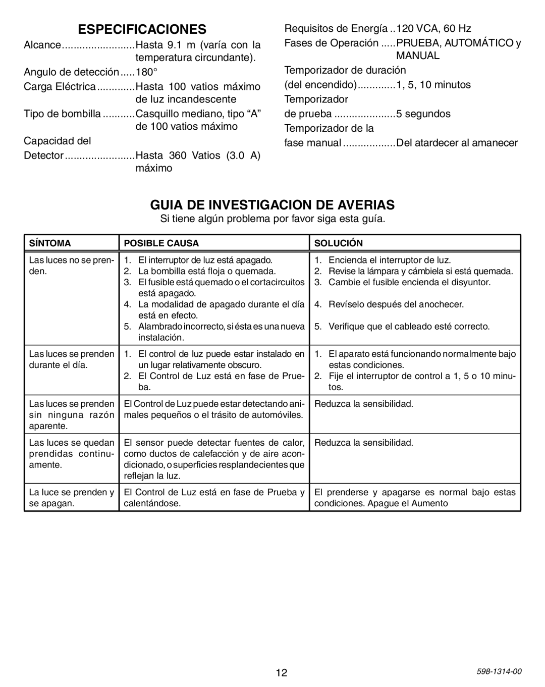 Heath Zenith 5598 owner manual Especificaciones, Guia DE Investigacion DE Averias, Manual 