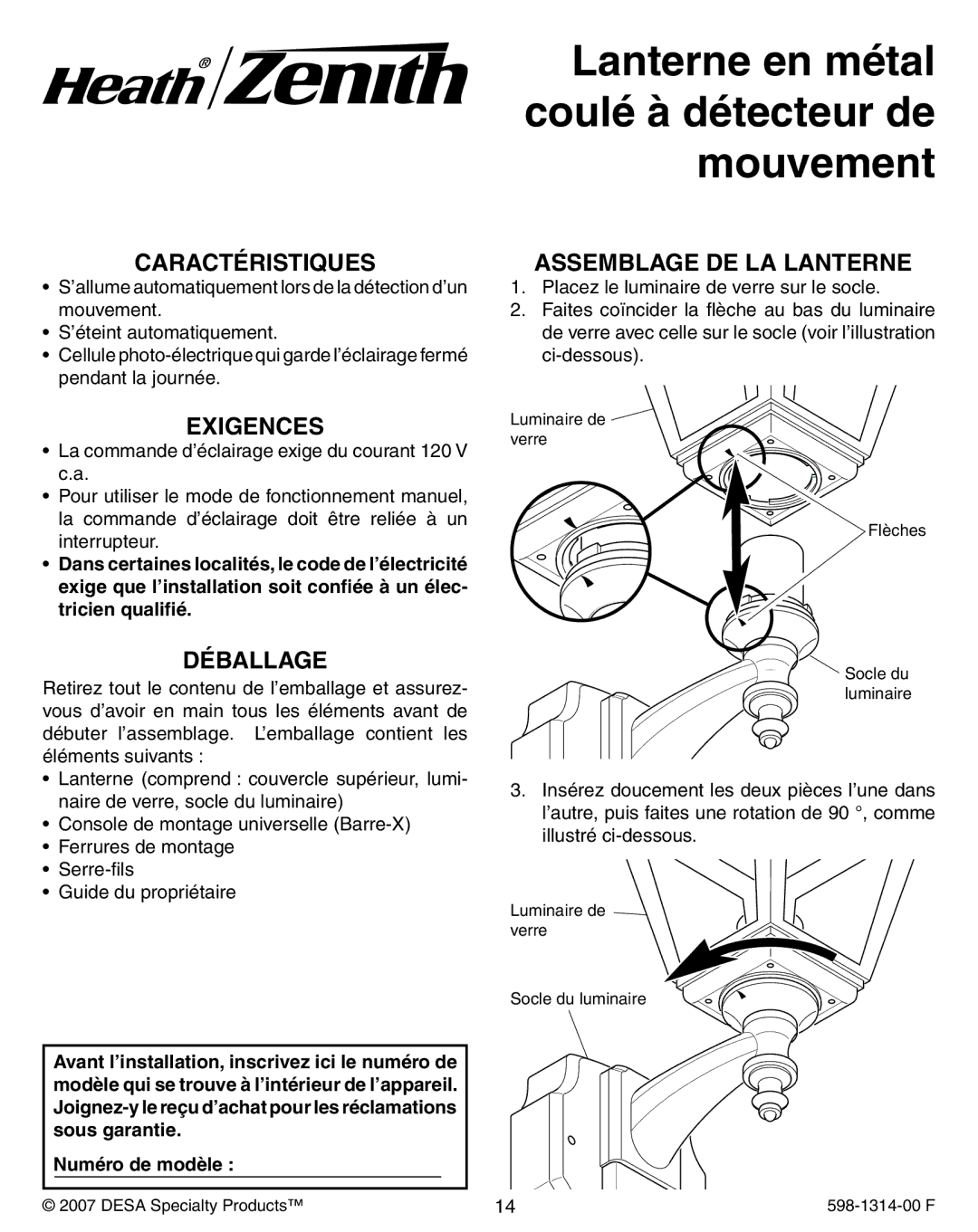 Heath Zenith 5598 owner manual Caractéristiques, Exigences, Déballage, Assemblage DE LA Lanterne 