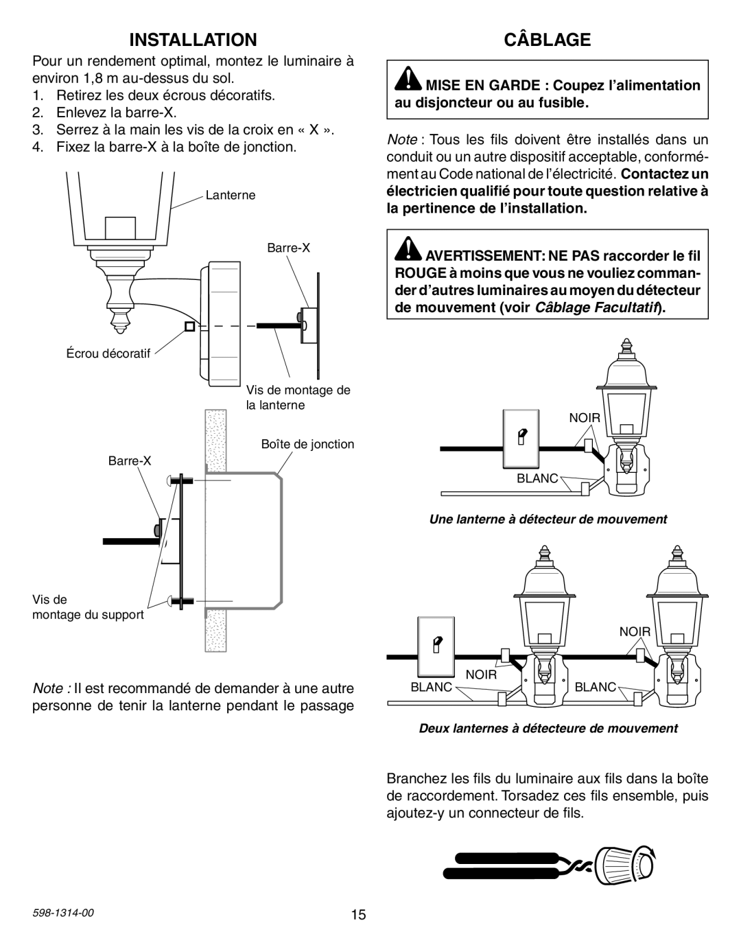 Heath Zenith 5598 owner manual Installation, Câblage 