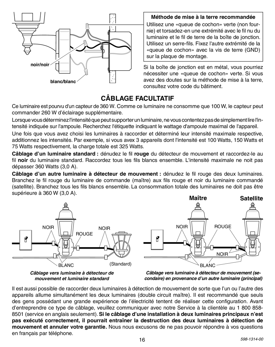 Heath Zenith 5598 owner manual Câblage Facultatif, Maître Satellite 