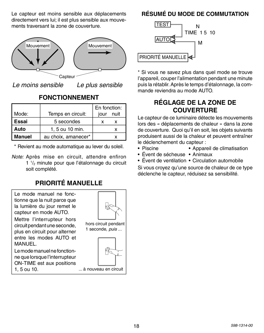 Heath Zenith 5598 Fonctionnement, Priorité Manuelle, Réglage DE LA Zone DE Couverture, Résumé du mode de commutation 