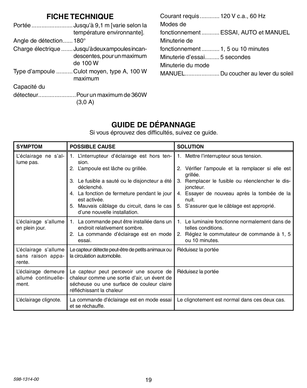 Heath Zenith 5598 owner manual Fiche Technique, Guide DE Dépannage 