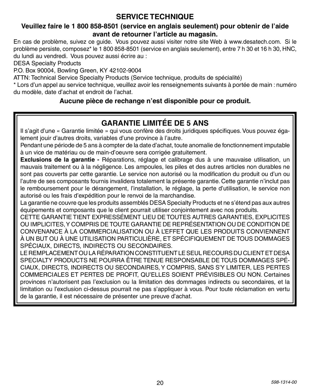 Heath Zenith 5598 Service Technique, Garantie Limitée DE 5 ANS, Aucune pièce de rechange n’est disponible pour ce produit 