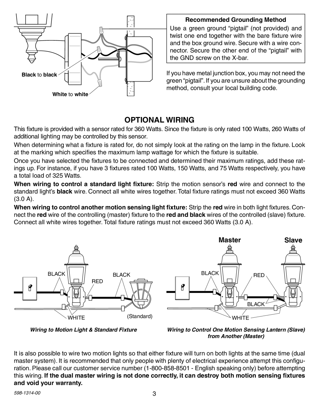 Heath Zenith 5598 owner manual Optional Wiring, MasterSlave, Recommended Grounding Method 
