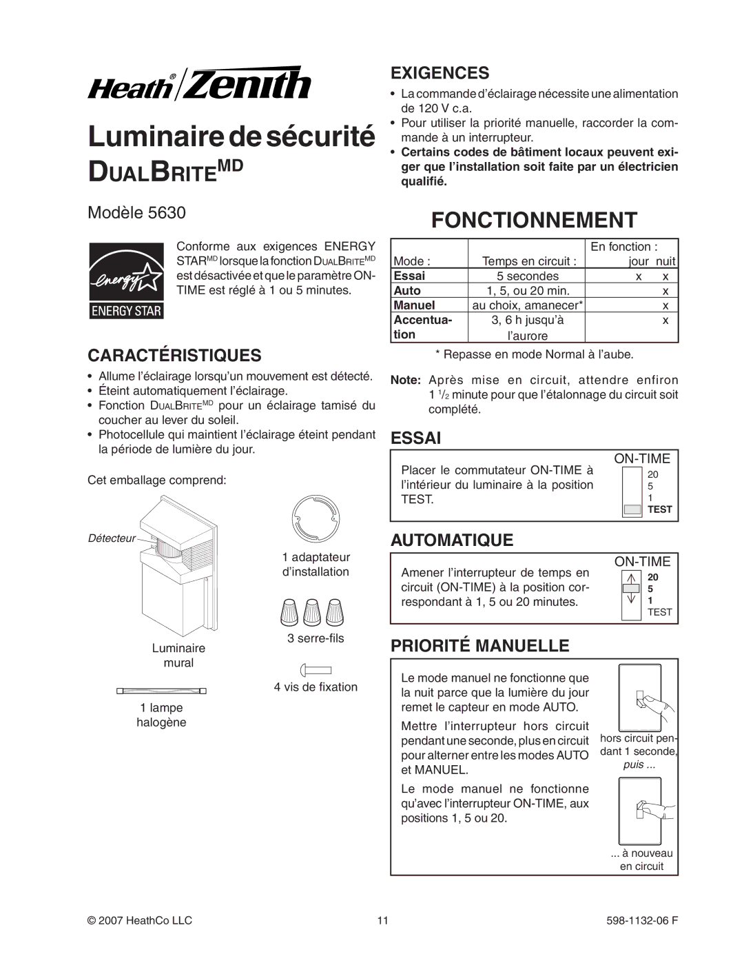 Heath Zenith 5630 manual Fonctionnement, Caractéristiques, Exigences, Essai, Automatique 